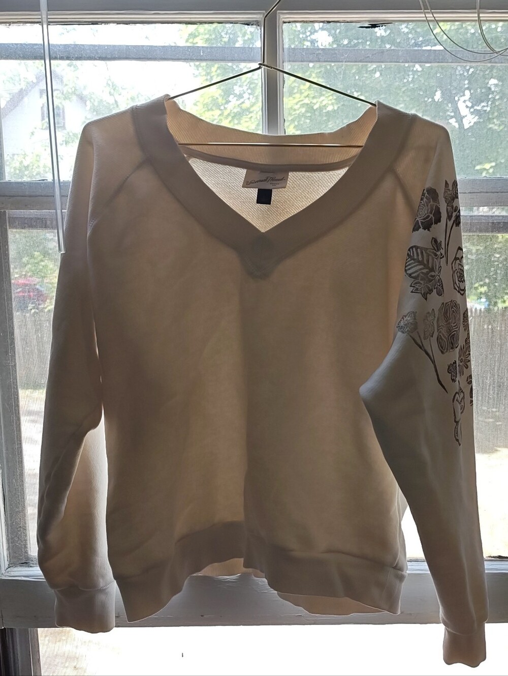 Thrifted Universal Thread Cream V-Neck Sweater with Hand-Printed Floral Sleeve
